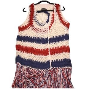 Frazzle Crochet Vest XL Sleeveless Red Blue Fringe Festival Boho Open Front July